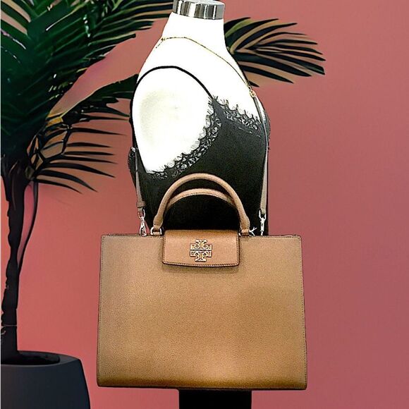 TORY BURCH BRITTEN TOTE HANDBAG CROSSBODY COGNAC GOLD HARDWARE - Picture 2 of 12
